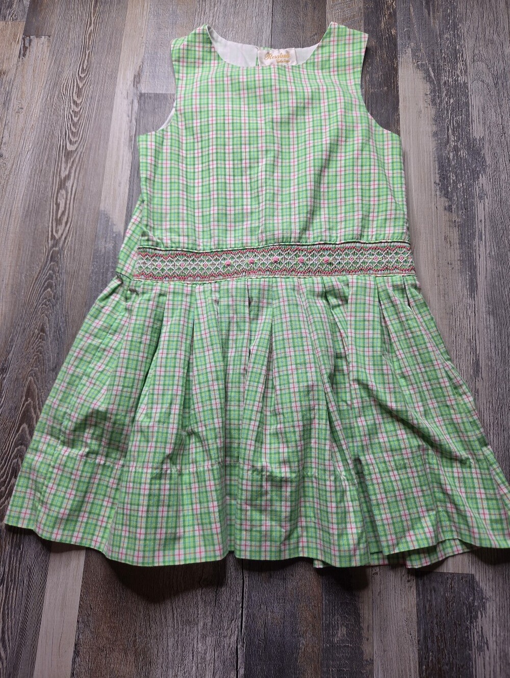 Rosalina Smocked Sleeveless Dress Girls 4T Green Pink Plaid